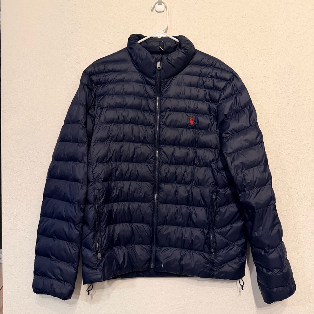 Ralph Lauren Navy Quilted Packable Puffer with Red Pony Logo